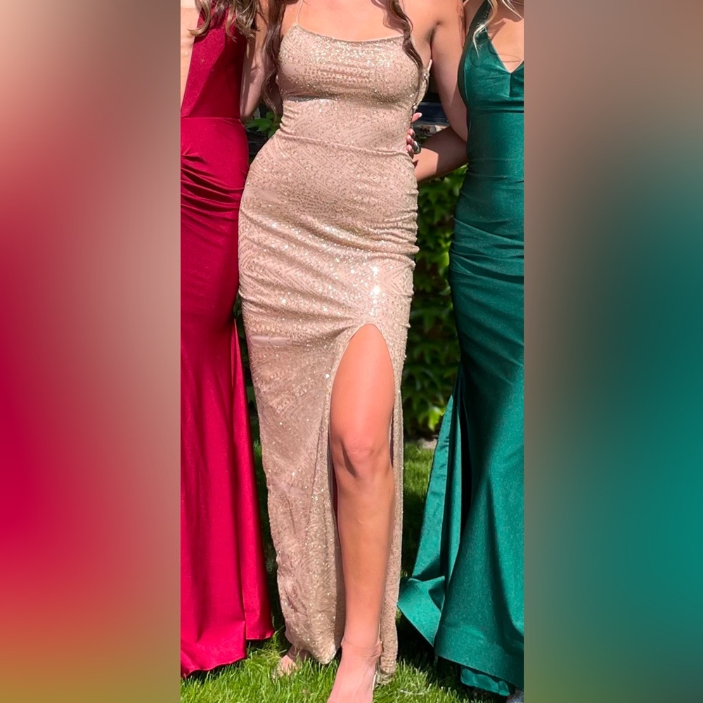 Beginning boutique, long, gold shimmer dress